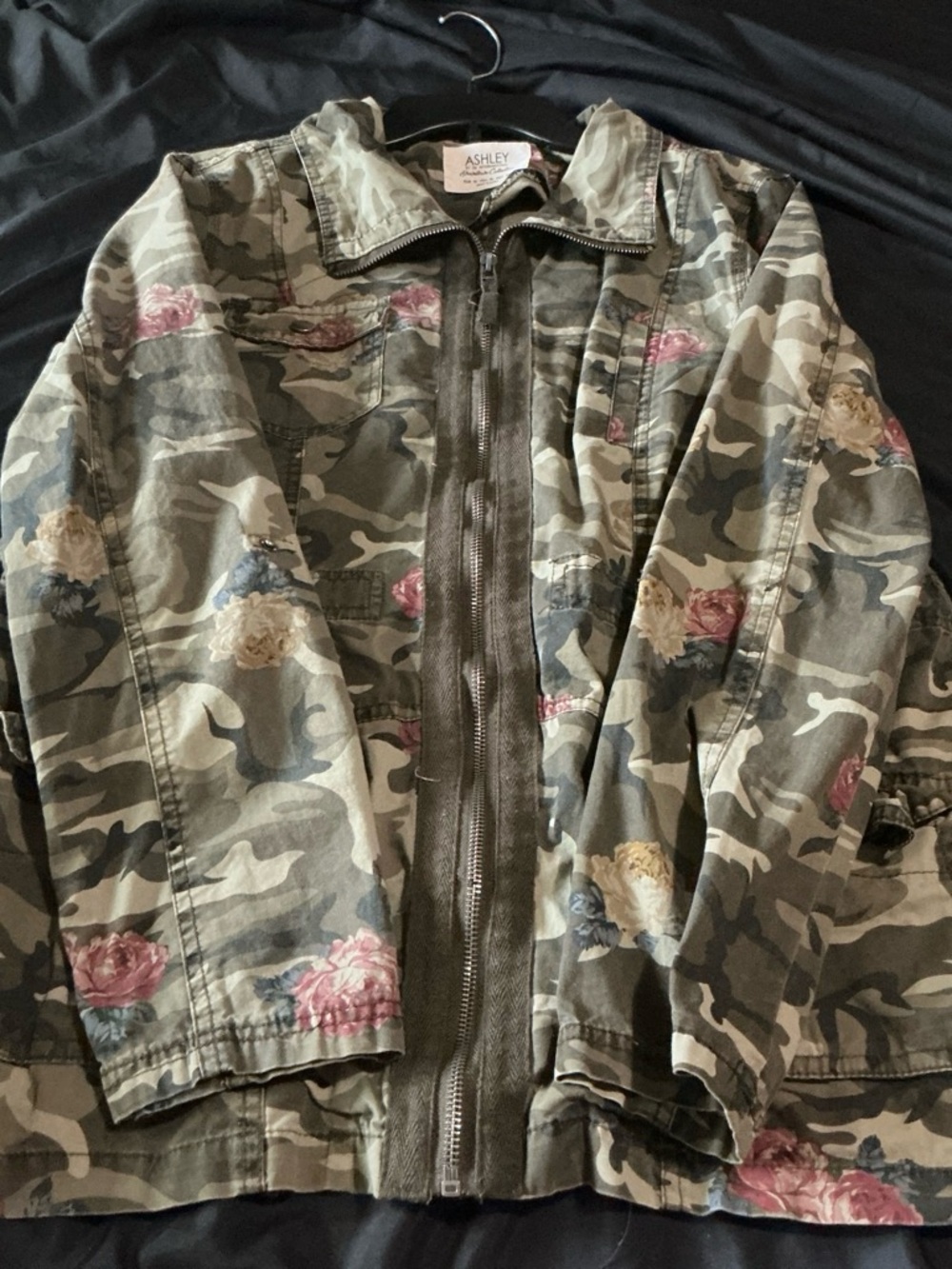 Ashley By 26 International Olive Green Camo Utility Jacket with Floral Accents